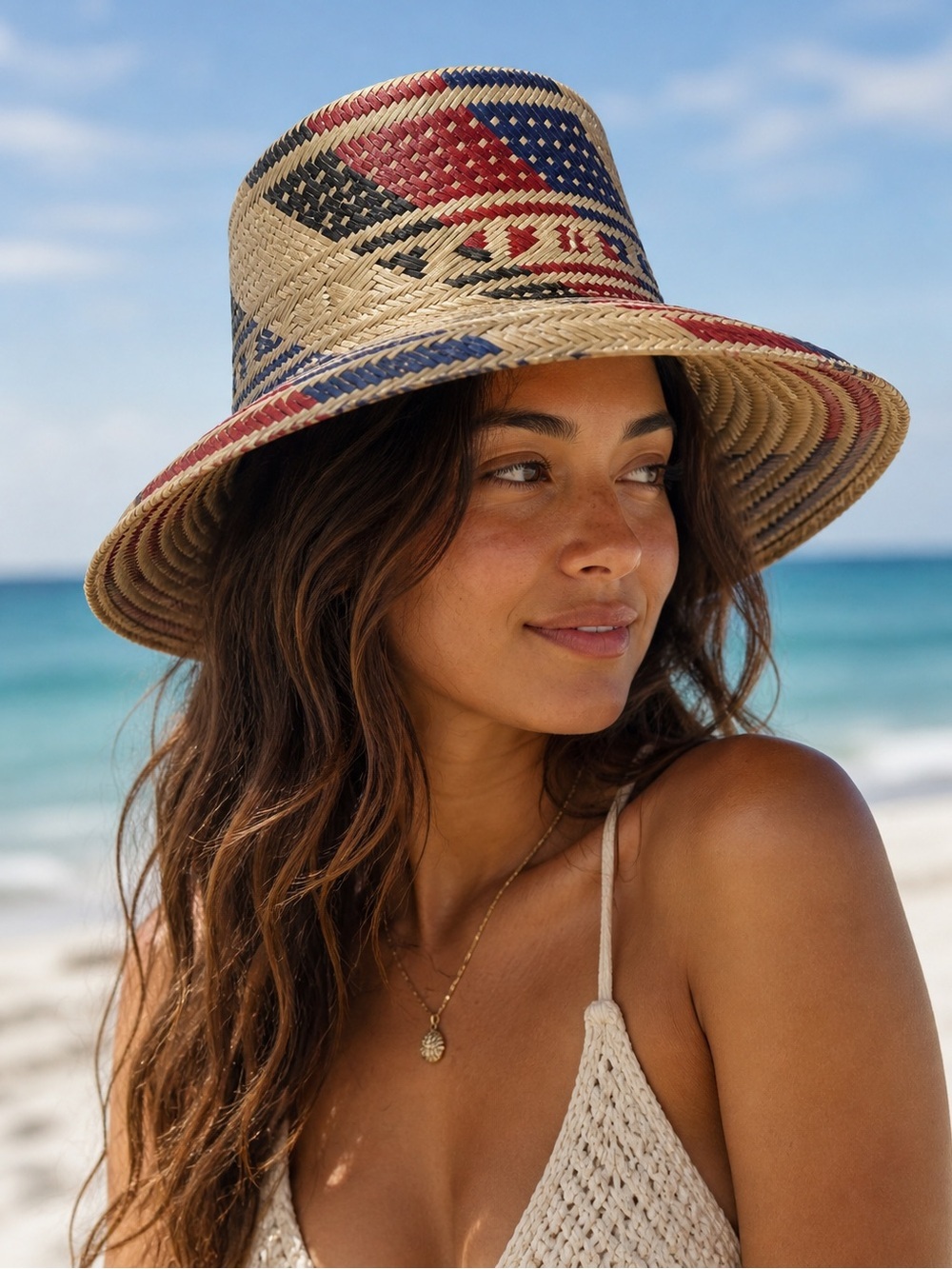 Made in Venezuela Woven Straw Summer Hat • Red & Black Pattern • Boho Chic